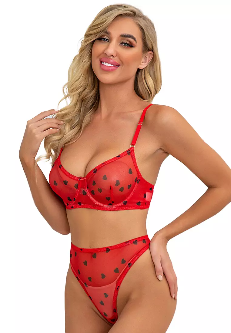 LDB4189-Lady Two Piece Sexy Bra and Panty Lingerie Pajamas Sets (Red)