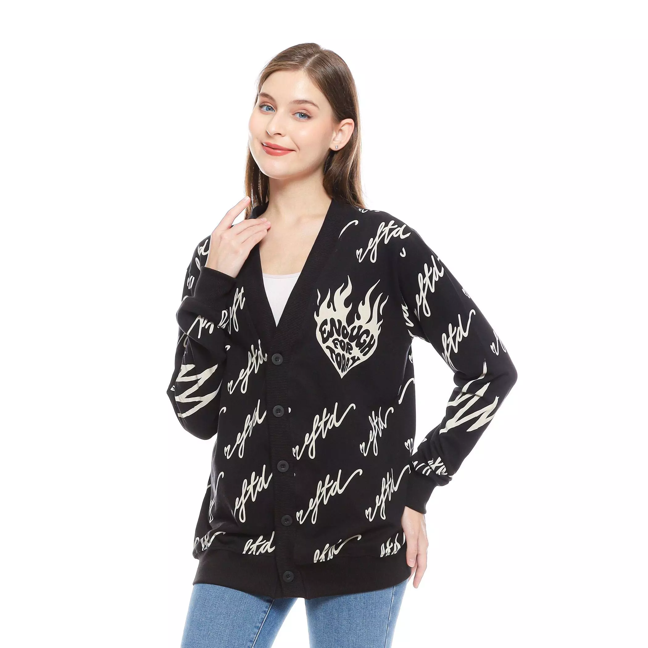 Enough For Today - Sweater Cardigan Motif Korea Love Eftd Hitam Sablon Discharge Bahan Katun Babyterry  Outer Wanita