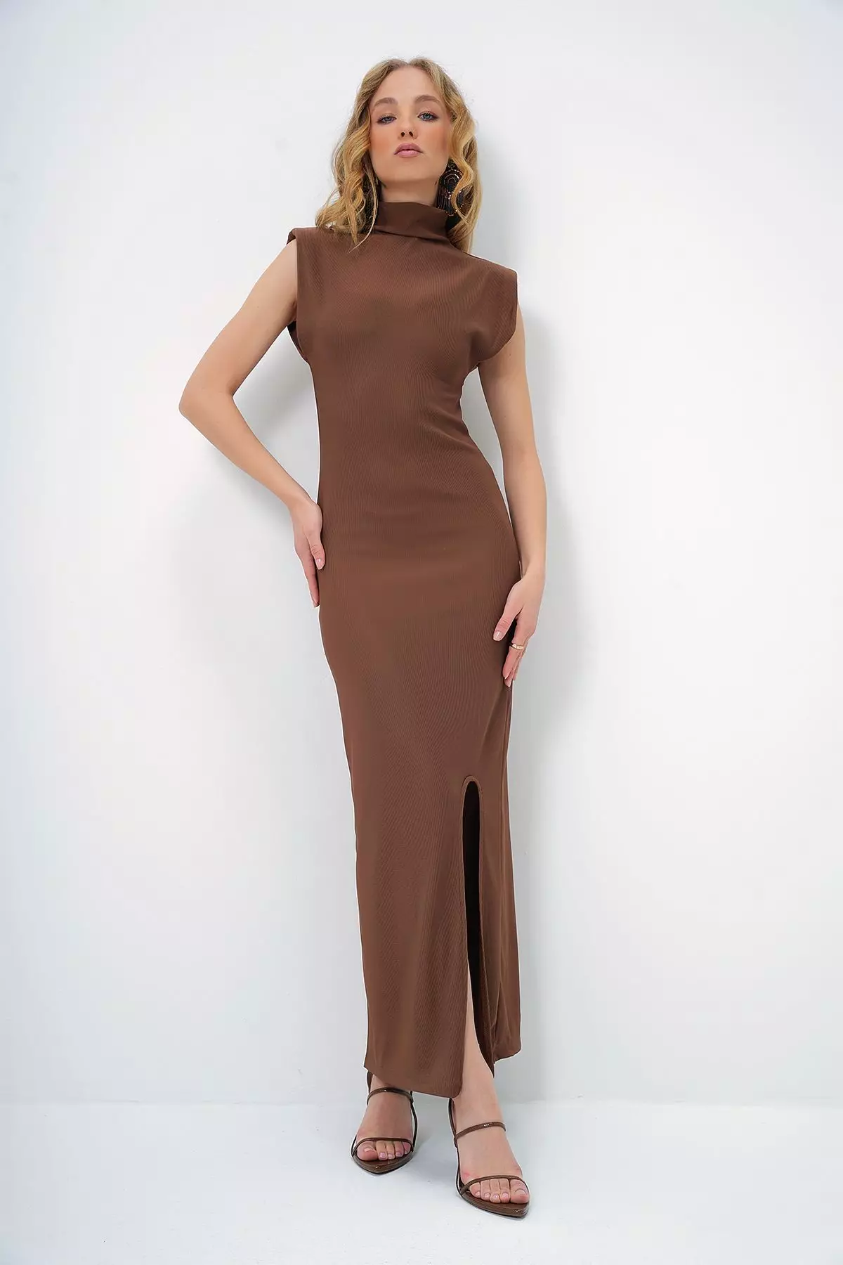 Women's Brown Stand Collar Padded Sleeveless Midi Length Slit Dress