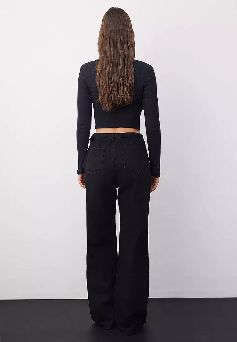 High Waist Eyelet Detail Belted Wide Leg Palazzo Jeans