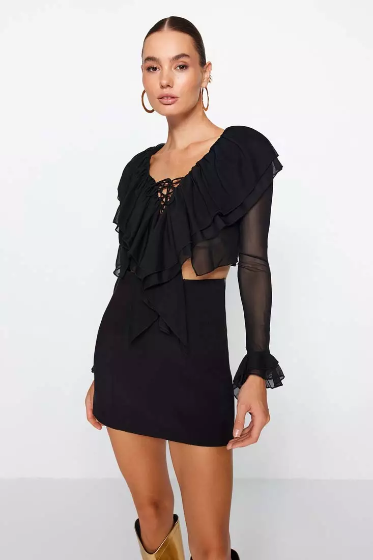 Trendyol Tulle Ruffle Blouse 2024 Buy Trendyol Online ZALORA