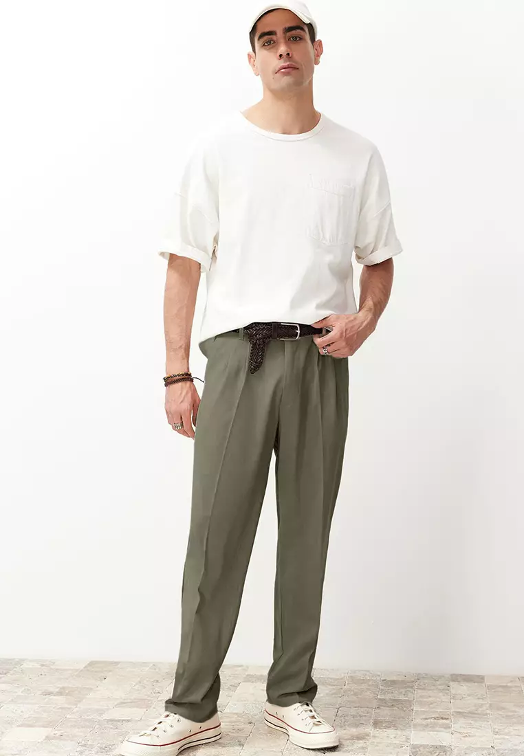 Khaki Pleated Classic Baggy Fit Fabric Trousers TMNSS24PL00024