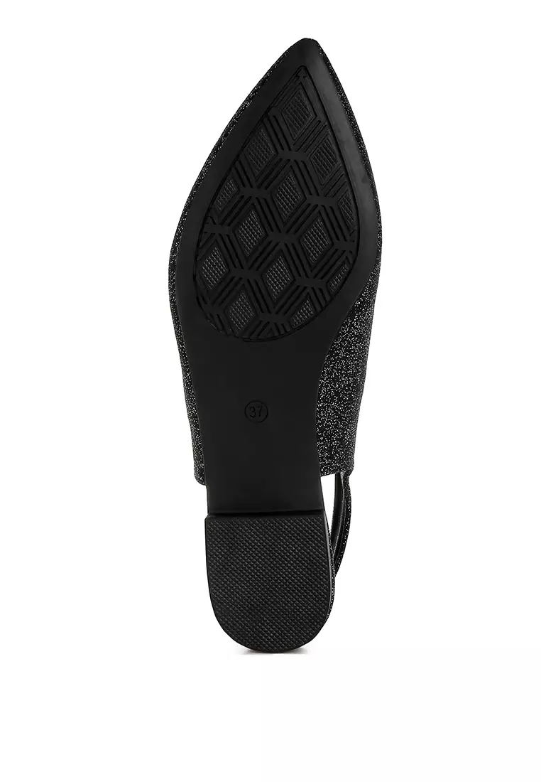 Glitter Slingback Flat Sandals in Black