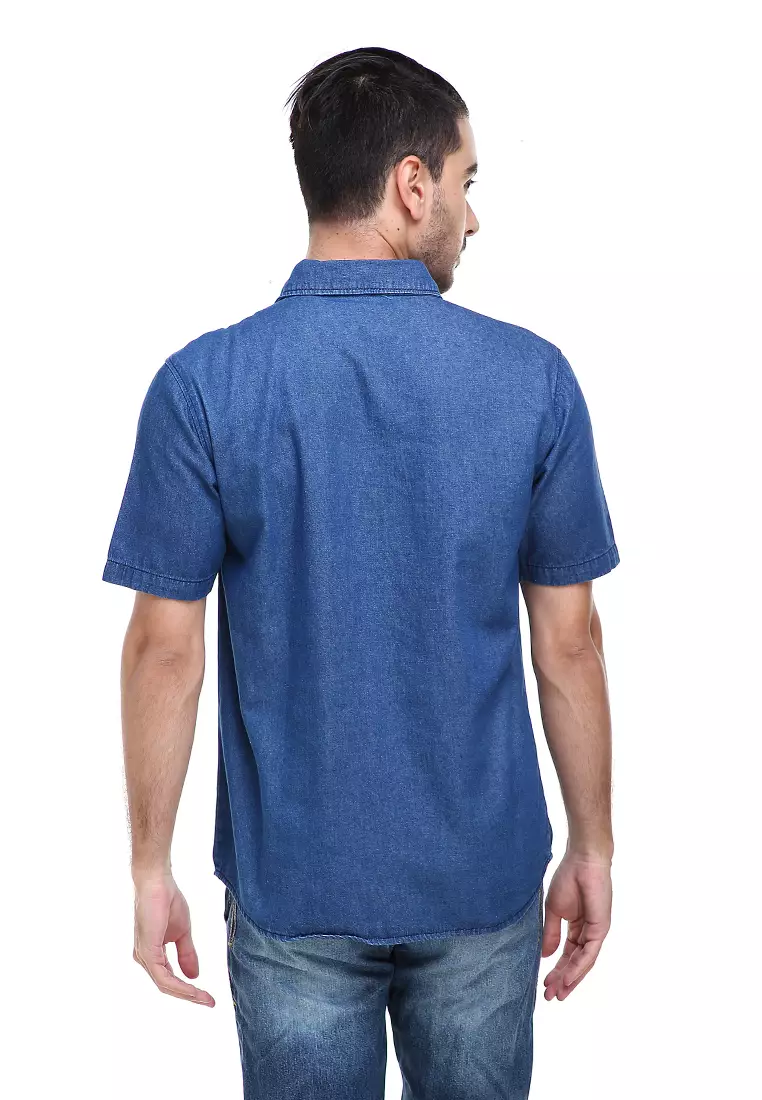 Dwan Shirt Kemeja Pria Kasual Lengan Pendek Material Jeans Premium ORIGINAL - Dark Blue