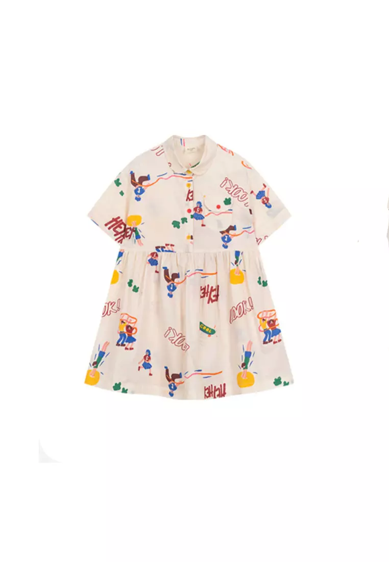 女大童短袖连衣裙趣味圆领满底印花衬衫裙