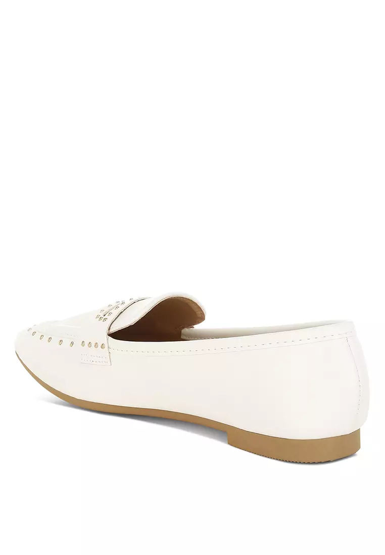 Studded Faux Leather Loafers in White