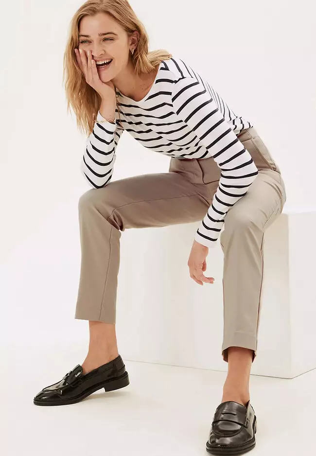 Cotton Blend Slim Fit Ankle Grazer Trousers