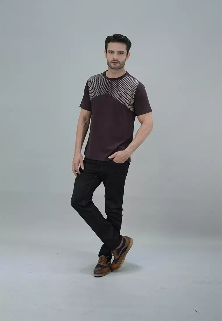 LGS - Kaos Casual - Kaos Polos - Motif Jaring - Abu - Regular Coklat - CTS.222.S3157.01.C