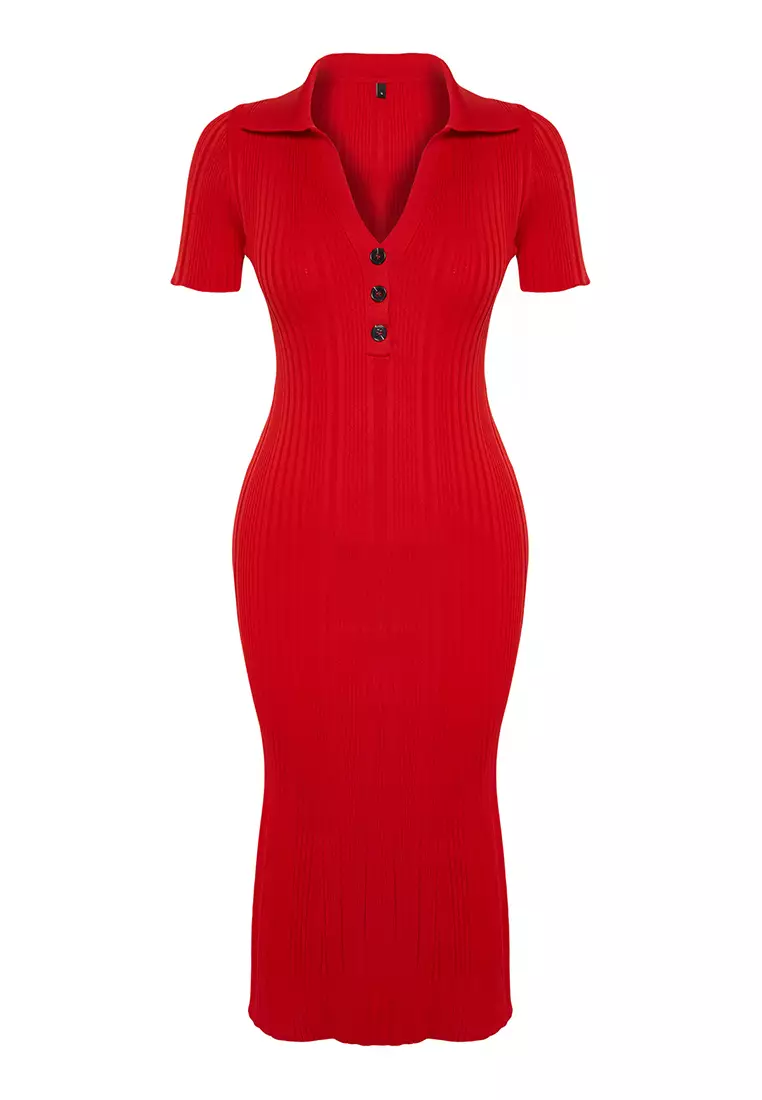 Red Plain Maxi Maxi Knitwear Polo Neck Knitwear Dress TWOSS24EL00282