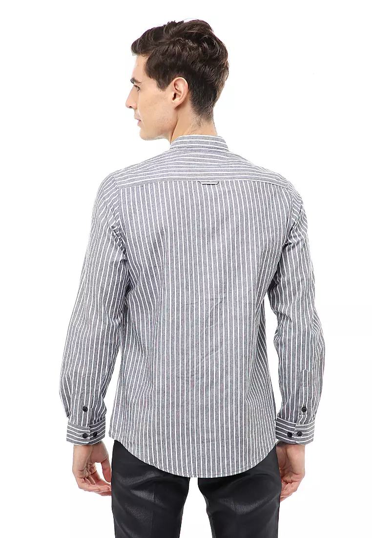 Dwan Atasan Kasual Kemeja Pria Lengan Panjang Motif Salur Material Cotton ORIGINAL - Gray