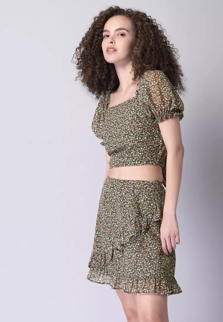 Olive Floral Smocked Top And Ruffled Mini Skirt Co-ord Set