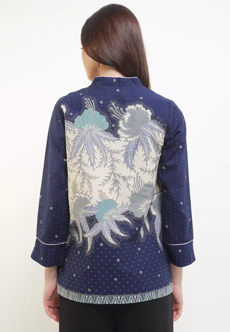 Blouse Atasan Batik Wanita Hera Katun Embroidery Premium Lining Panjang Navy