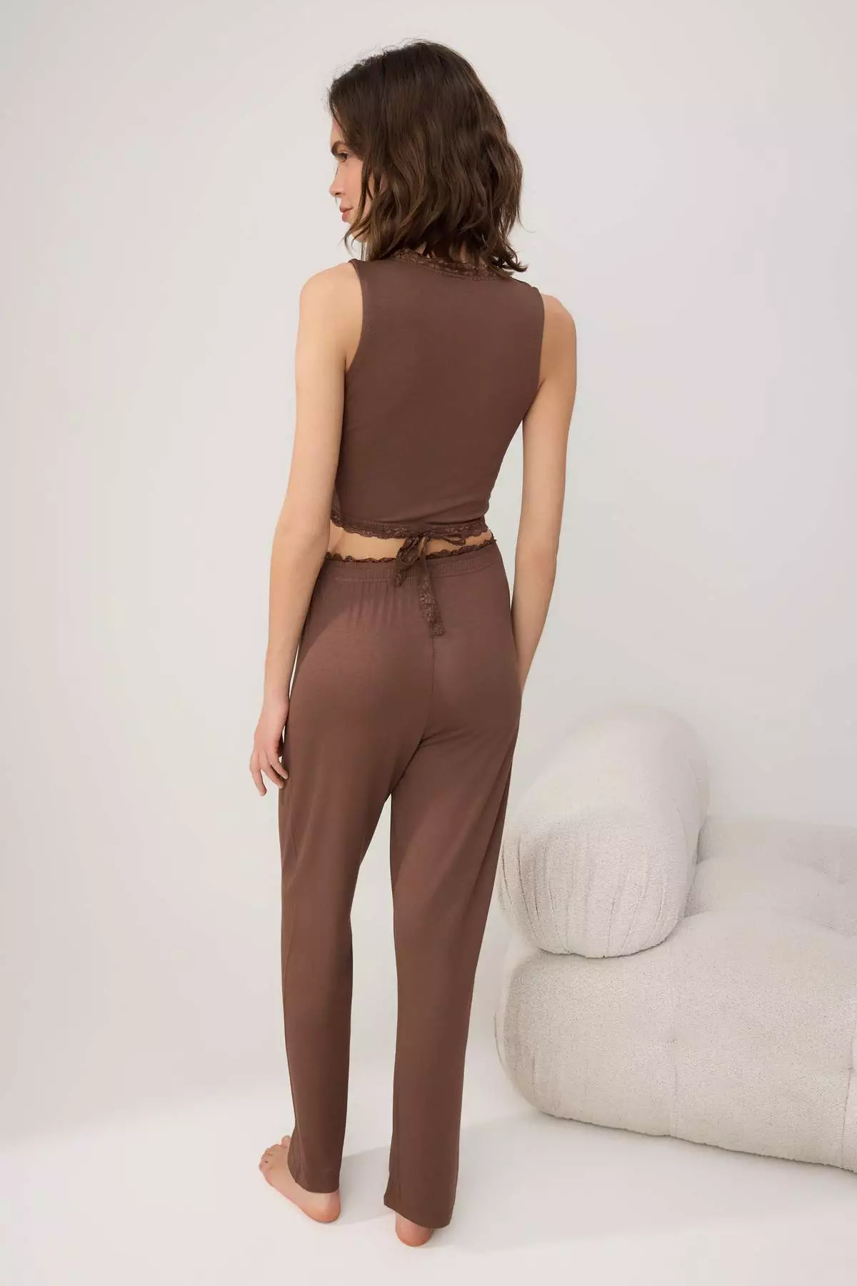 Brown Double Breasted Lace Detailed Viscose Knitted Pajama Set Thmss26Pt61