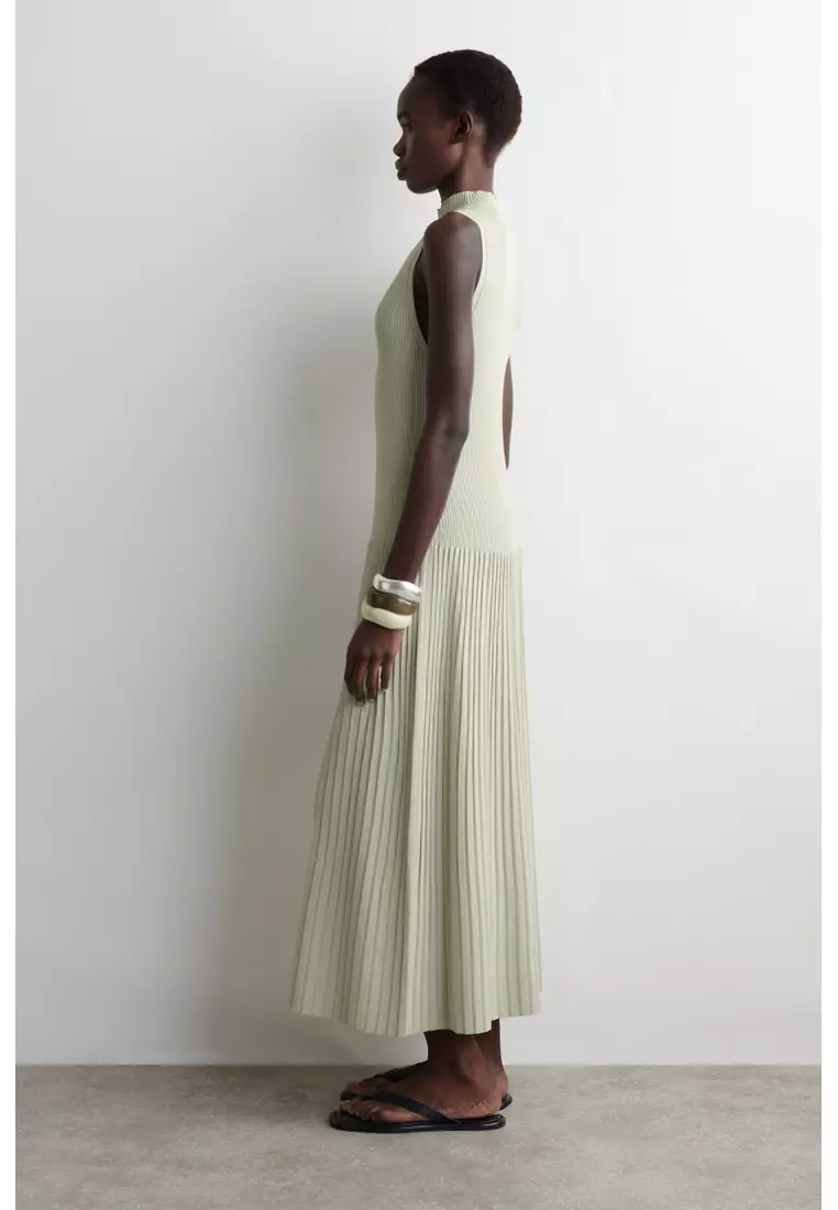 PLEATED HIGH-NECK MAXI DRESS