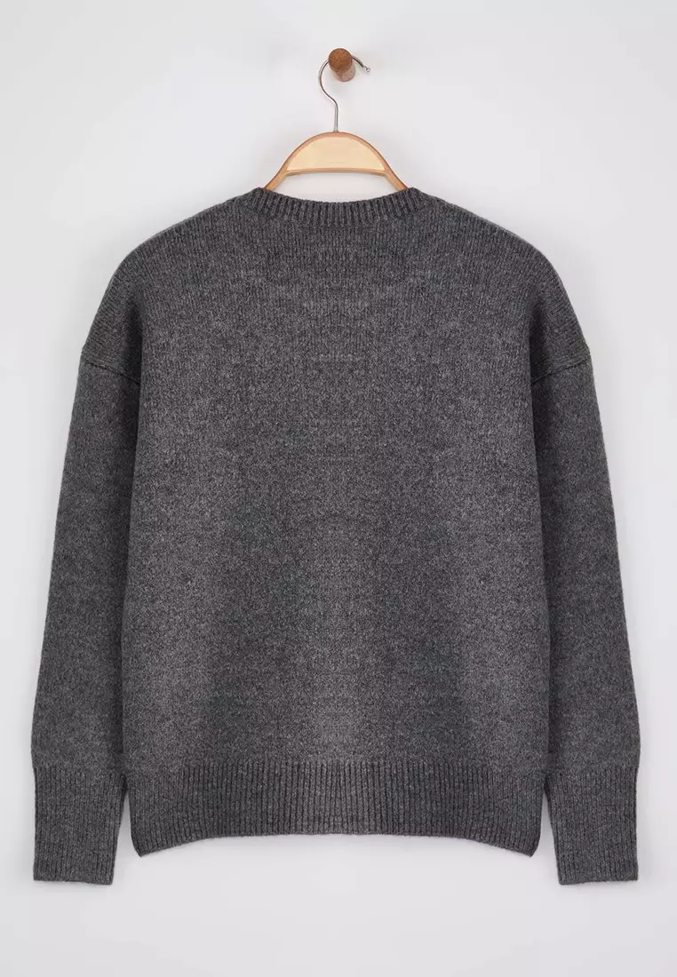 Anthracite Wool Premium Yarn/Special Yarn Basic Wide Fit Knitwear Sweater