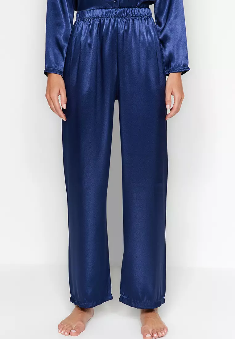Navy Blue Satin Shirt-Pants Woven Pajamas Set
