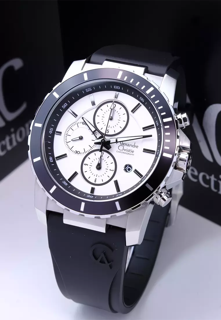 Alexandre Christie - Jam Tangan Chronograph Pria - Silver Case Black Rubber Strap - 6141MCRSSSL