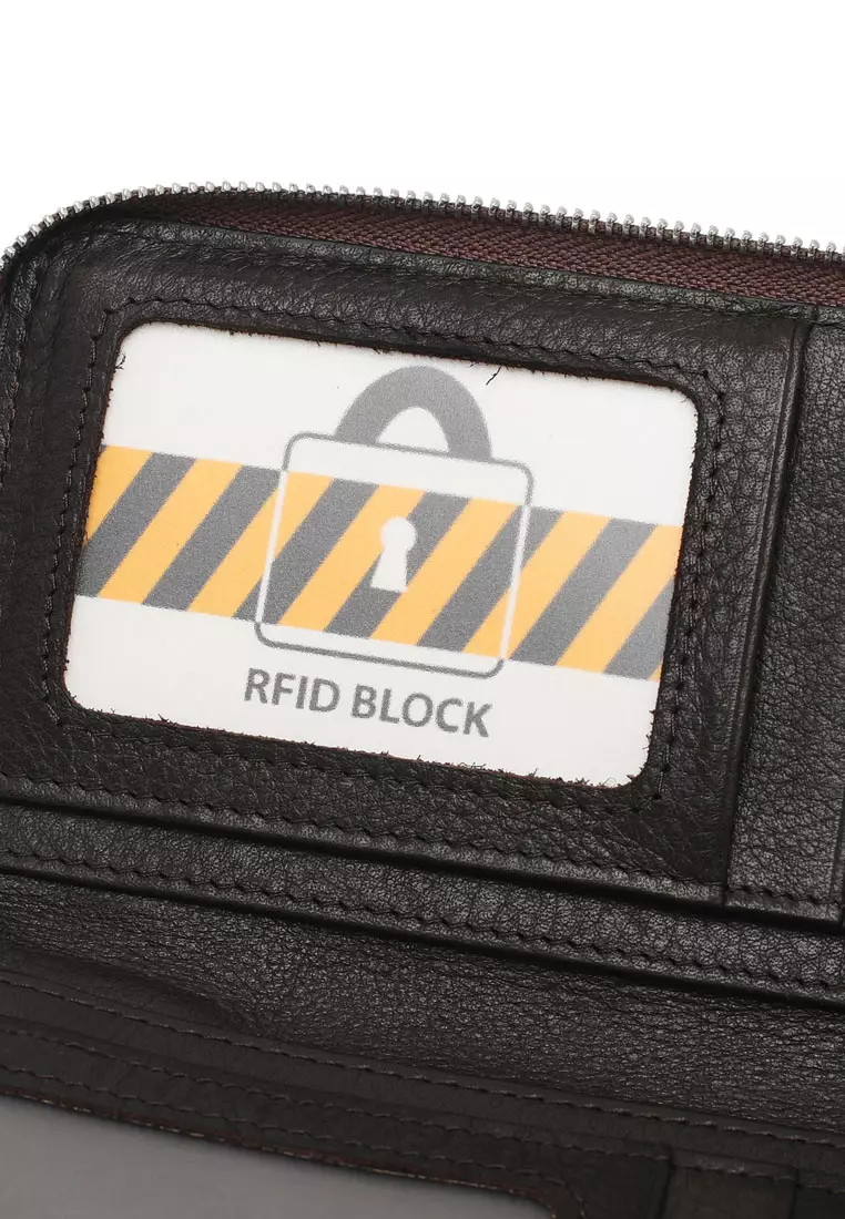 Men's Genuine Leather RFID Zipper Long Wallet - Brown