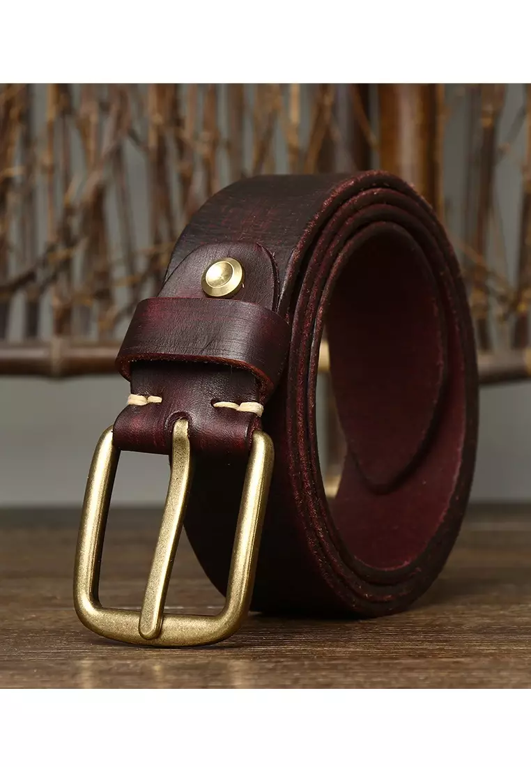 XAFITI Men's Vintage Style Brass Buckle Leather Belt 2024, Buy XAFITI  Online
