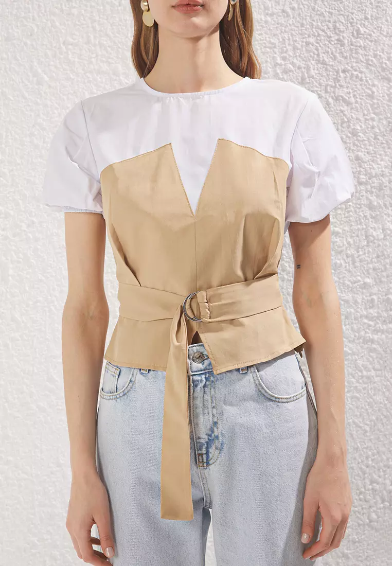 Beige Short Balloon Sleeve Belt Woven Woven Blouse Twoss25Bz00502