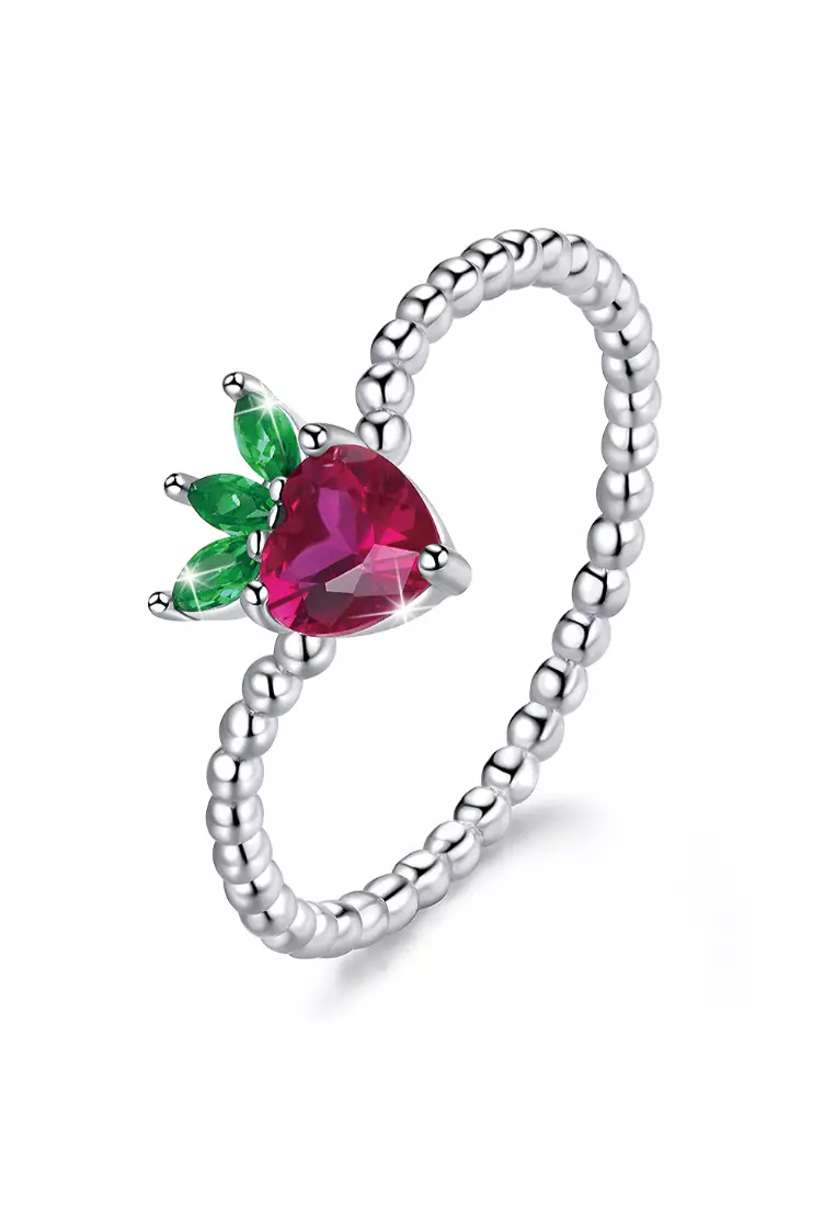 Solid 925 Sterling Silver Strawberry Ball Chain Ring