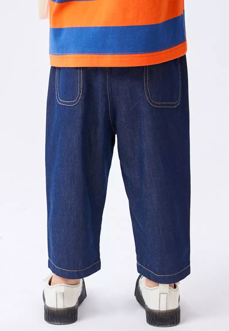 男小童牛仔长裤海报式印标宽松复古牛仔裤