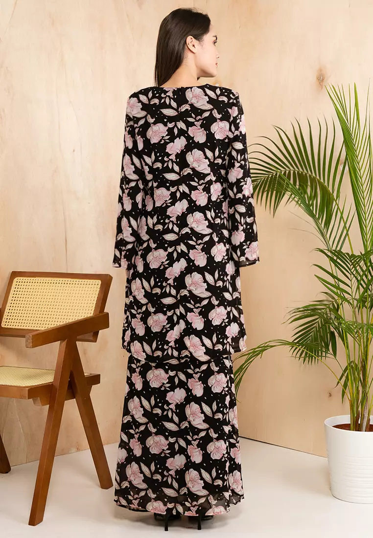 Buy Era Maya Pink Petals Baju Kurung Moden Chiffon in Black Base Online