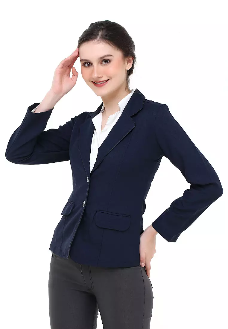 Qemsya Jas Blazer Wanita Korean Style Formal Longsleeve Suit Material Polyester ORIGINAL - Navy