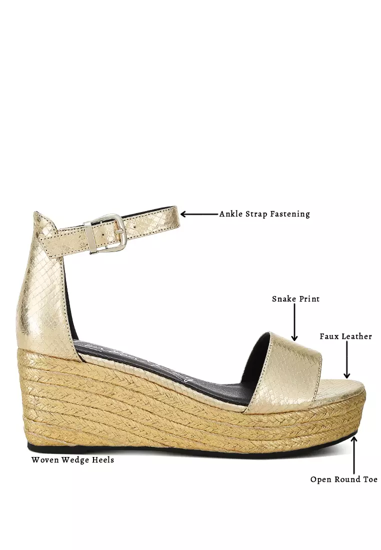 Gold Faux Leather Snake Wedge Espadrilles