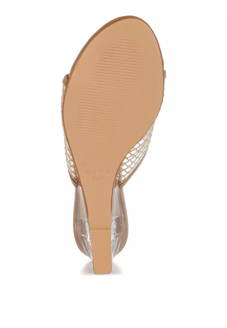 Sandal wedges hak bening berbahan jaring warna krem