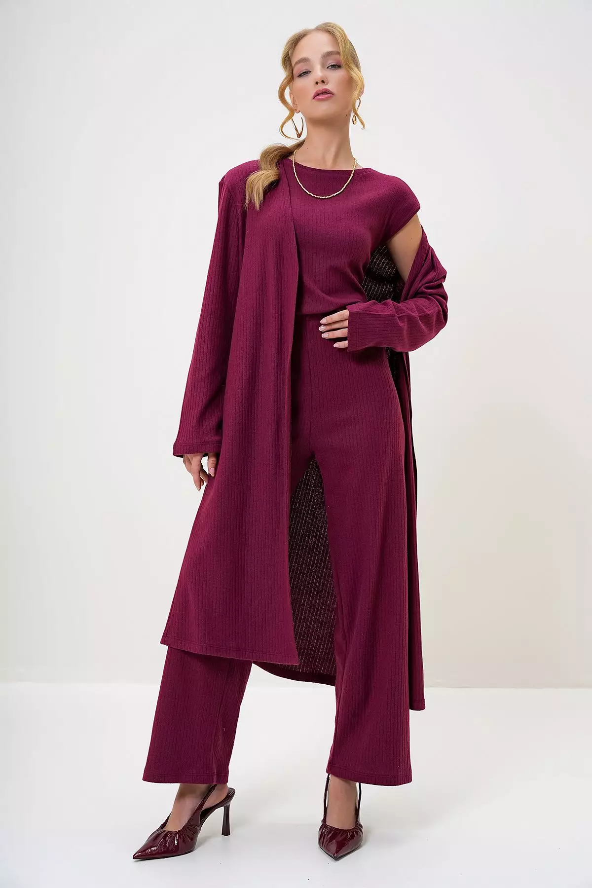 Women's Claret Red Shoulder Padded Crew Neck Blouse Trousers and Cardigan Set Suit
