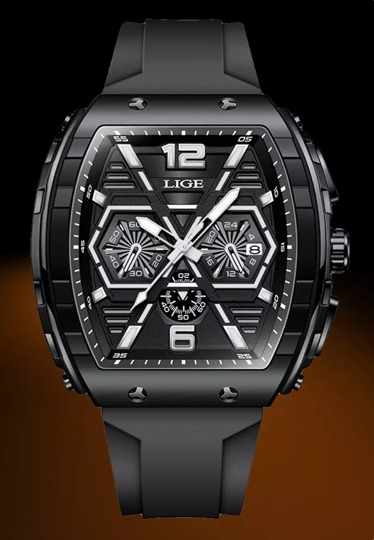 Unisex Tonneau Shaped IP Black Quartz Watch on Rubber Strap