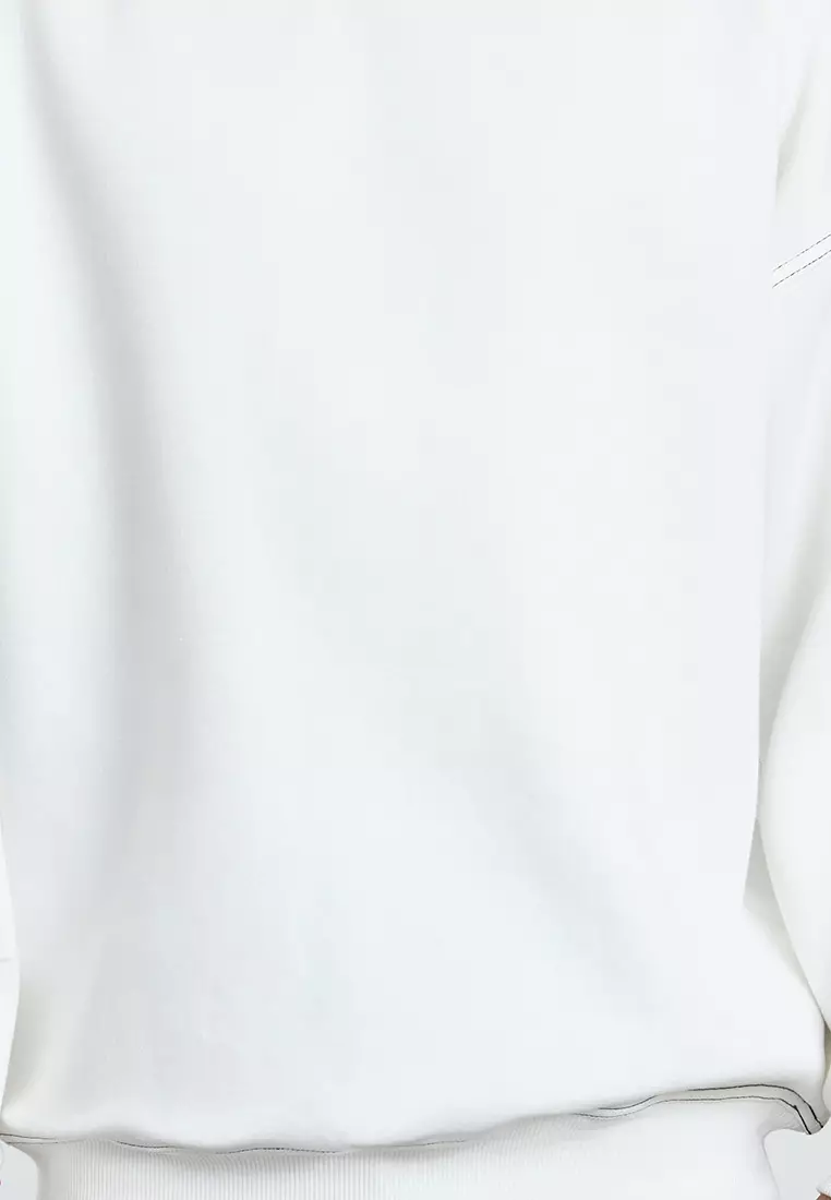 Ecru Fleece Oversize Sweatshirt - Crew Neck, Stitching Detail Tmnaw24Sw00011