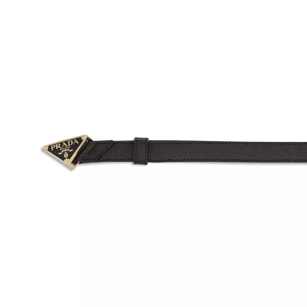 Triangle Buckle Logo Saffiano Leather Belt 15mm Black