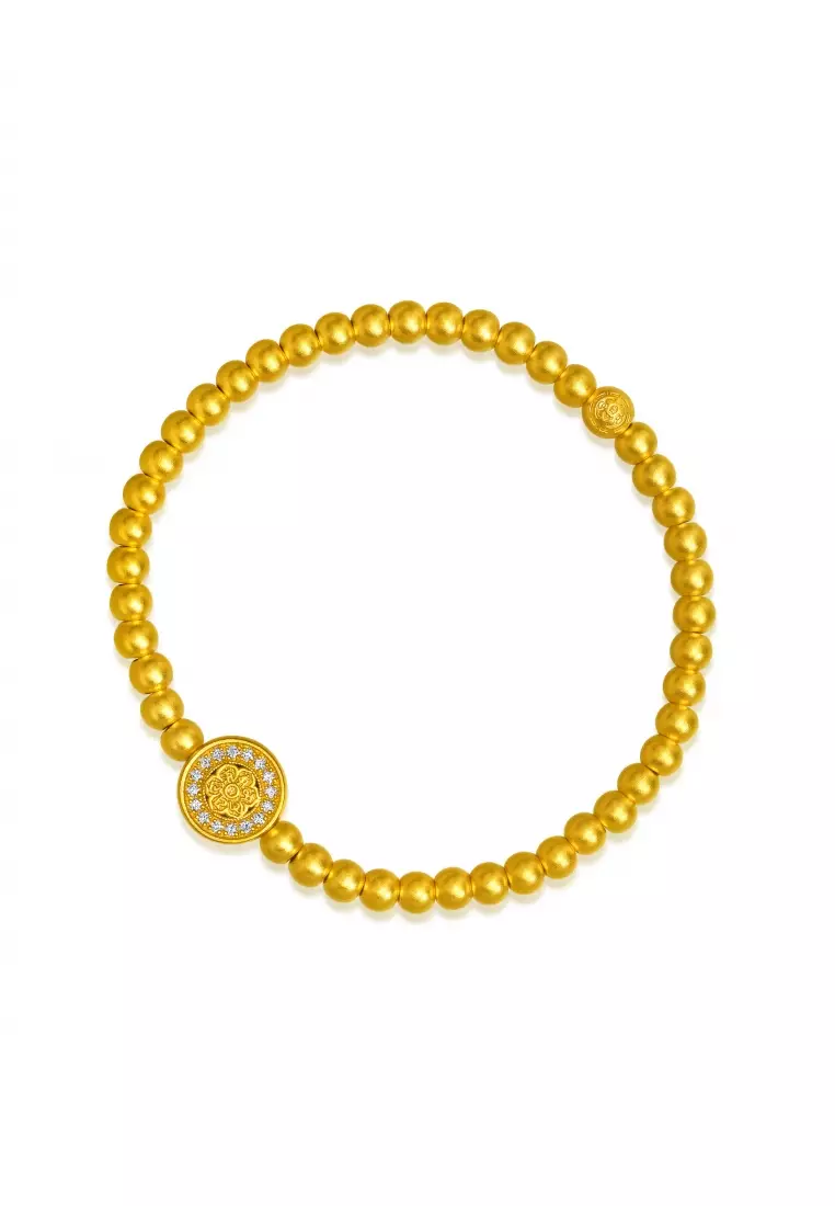 999.9 24K Pure Gold Cultural Blessings Diamond Lotus Motifs Bracelet for Women 14cm 94554B