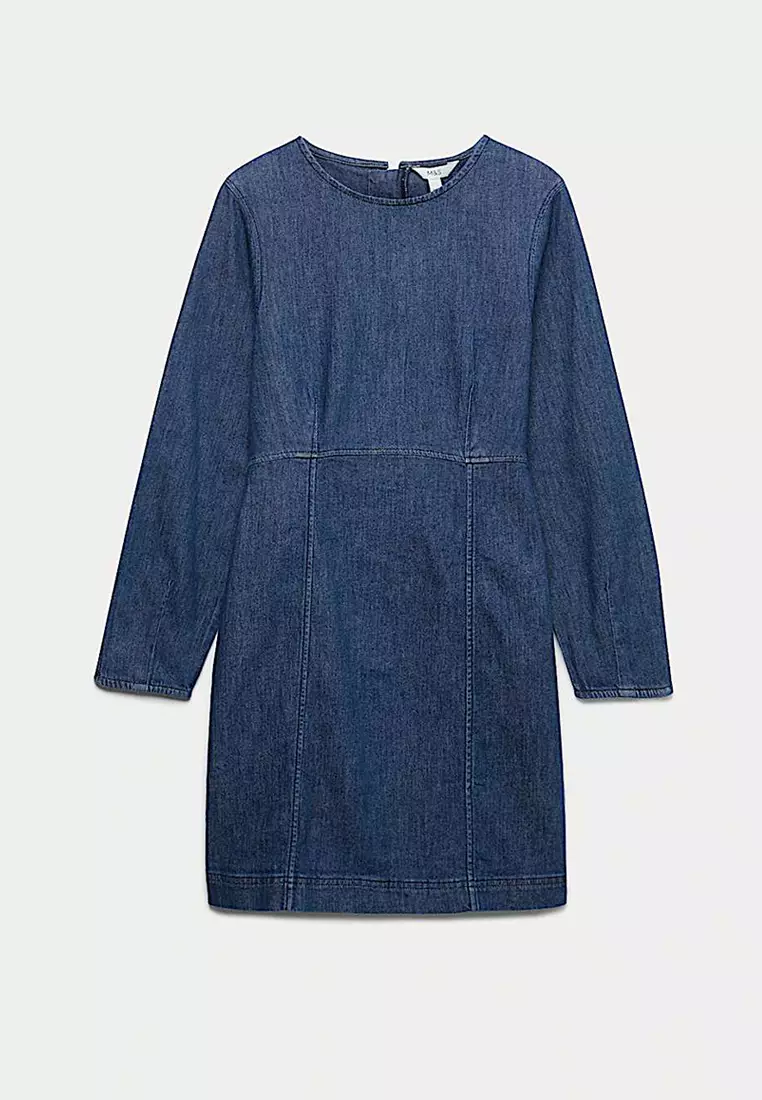 Cotton Rich Denim Round Neck Mini Shift Dress