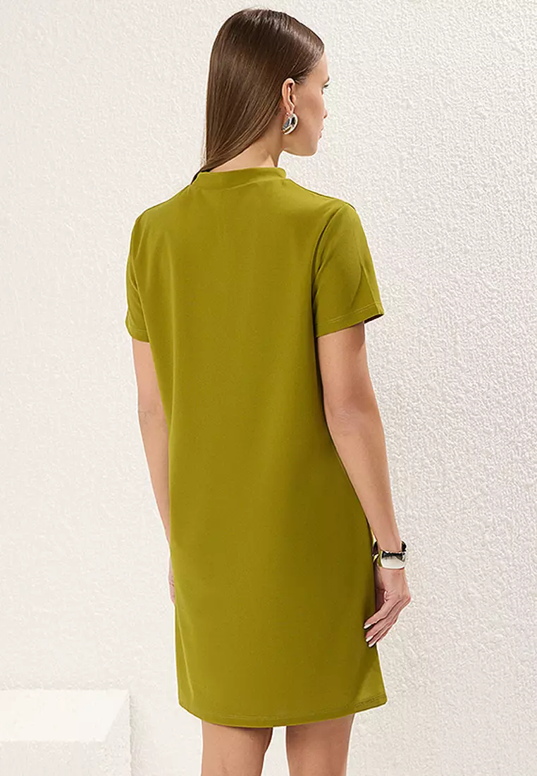 Oil Green Pocket Look Waist Opening/Skater Mini Smart Crepe Dress