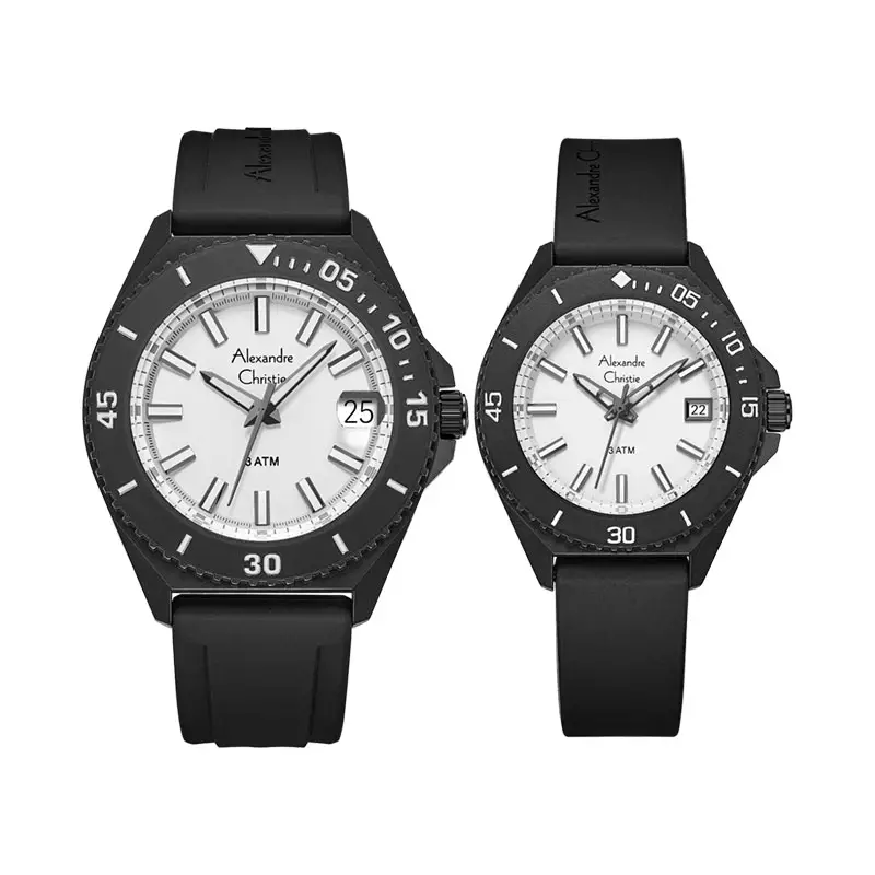 Jam Tangan Couple Alexandre Christie AC 8693 RIPSL Couple Sport White Dial Black Rubber Strap