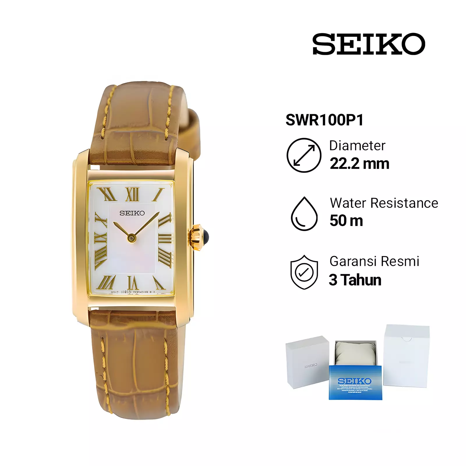 Seiko SWR100P1 - Women's Watch - Jam Tangan Analog Wanita - Classic Quartz Square - Gold Brown - Leather Strap