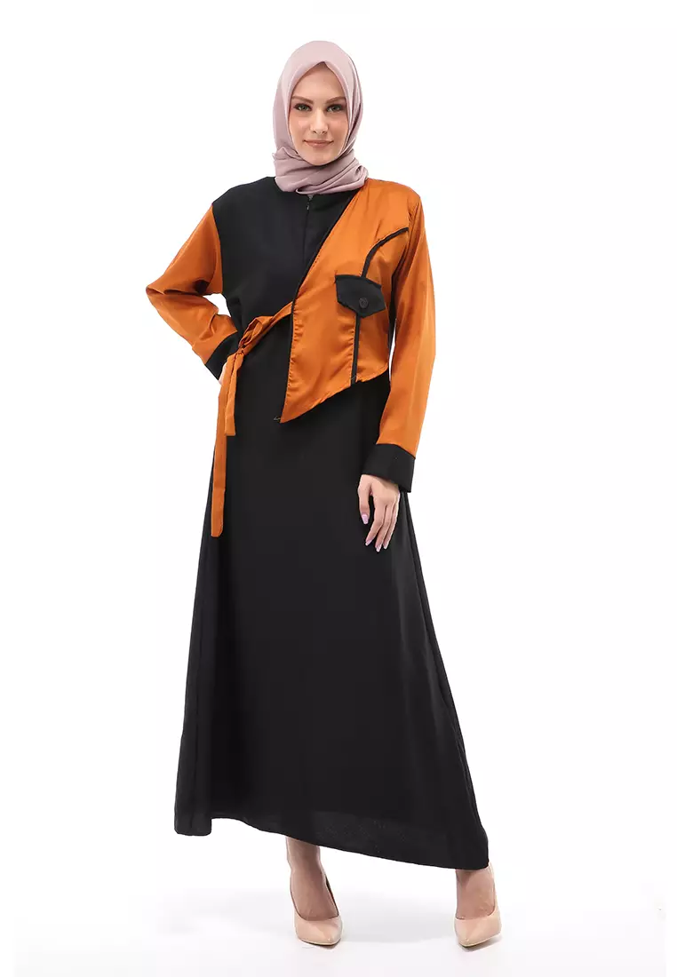 Andira Gamis Muslimah Long Dress Wanita Dual Tone Color Regular Fit - Black