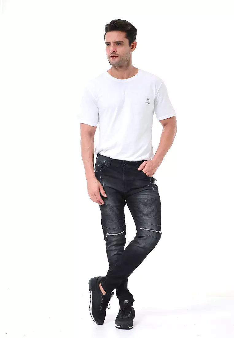 Nemanja Celana Casual Pria Biker Jeans Long Pants Zipper Design Material Denim ORIGINAL - Black