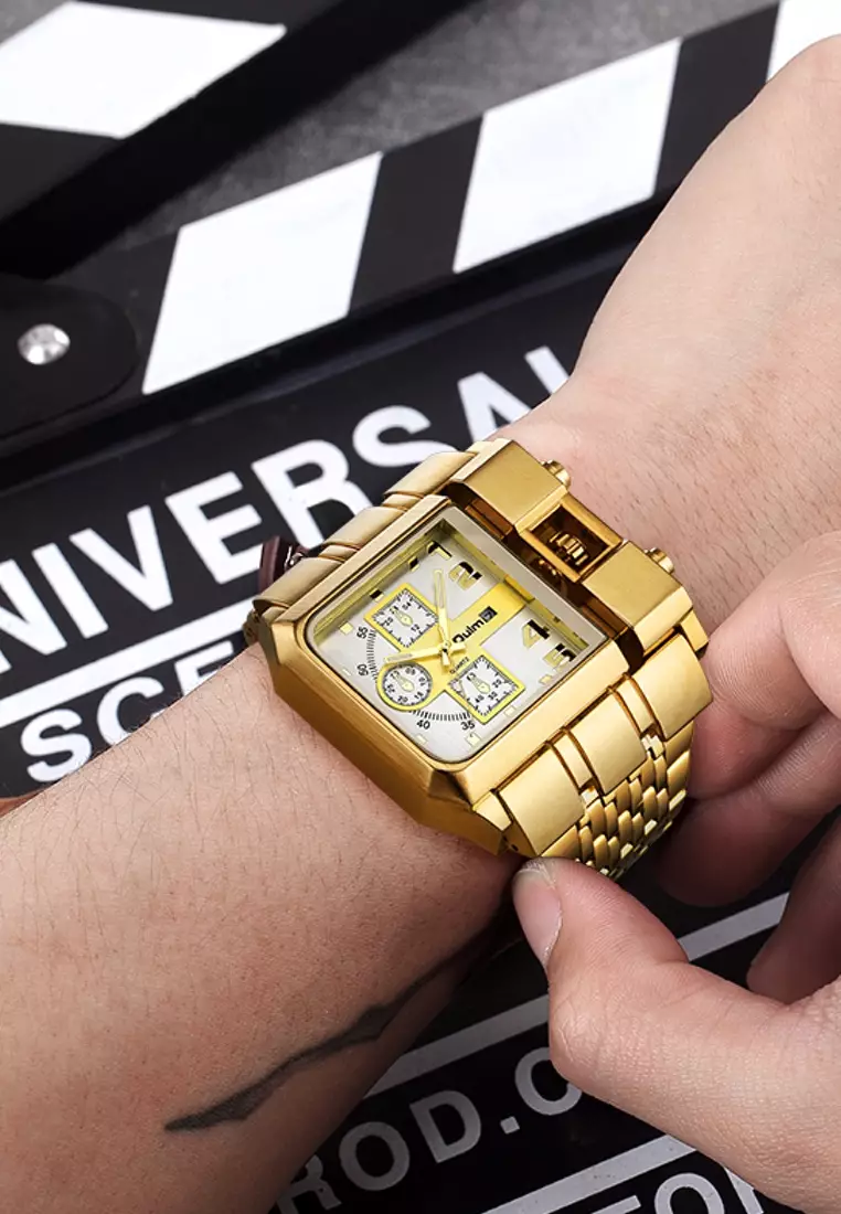 Very Large Men's Quartz Watch - 51x60mm - IP Gold Steel case, White Dial, IP Gold Bracelet