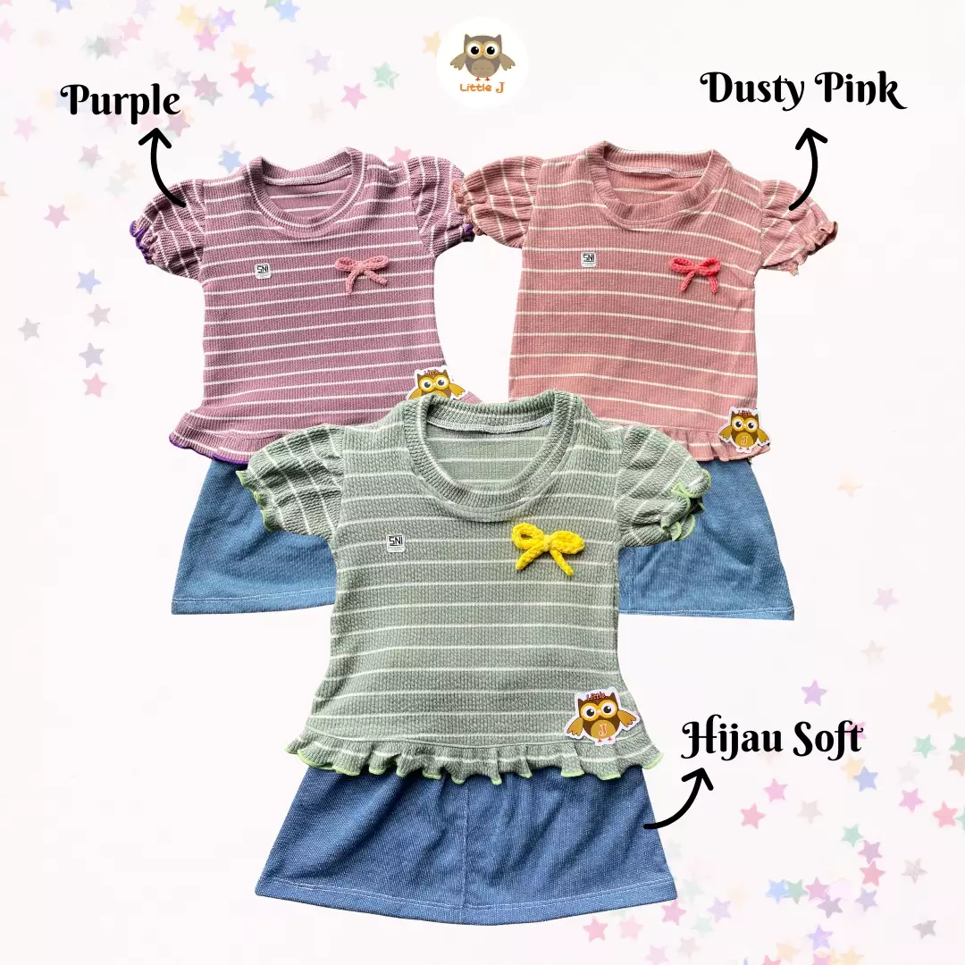 Little J - (KODE 106) Set Baju Anak Perempuan 12-24 Bulan | Kaos Salur Pita + Rok Denim | One Set Anak Cewek Lucu