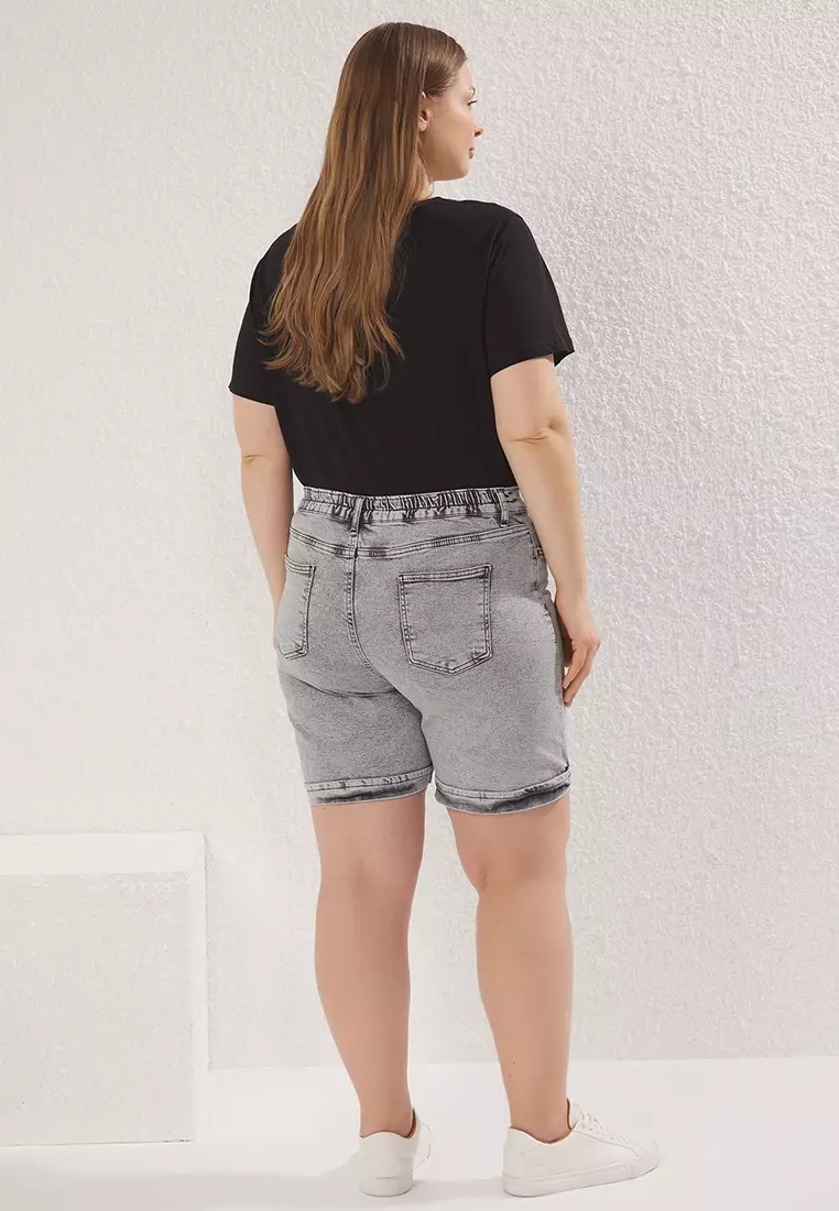 Grey High Waist Elastic Waist Denim Plus Size Shorts TBBSS25AP00021