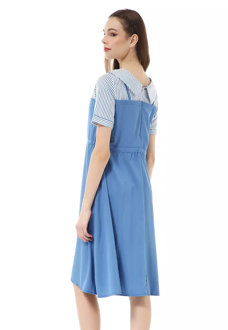 Rachel Midi Dress Wanita Lengan Pendek Vintage Design Tali Pinggang Material Cotton ORIGINAL - Blue