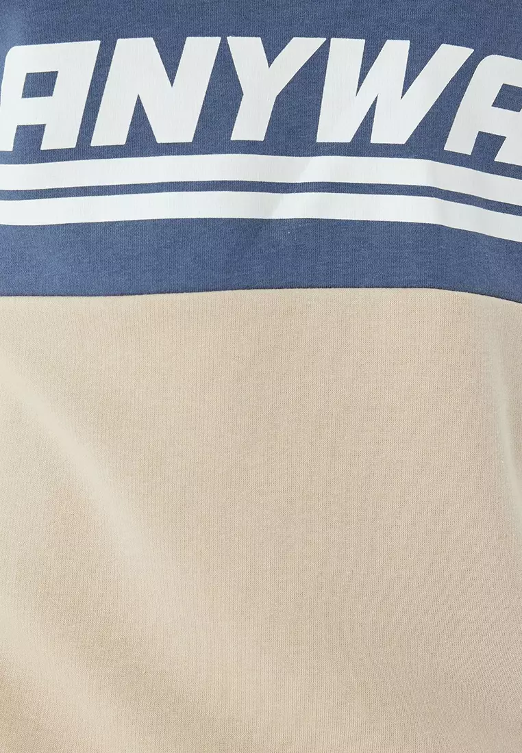 Slogan Printed Sweatshirt Half Zipper Color Block Cotton Blend