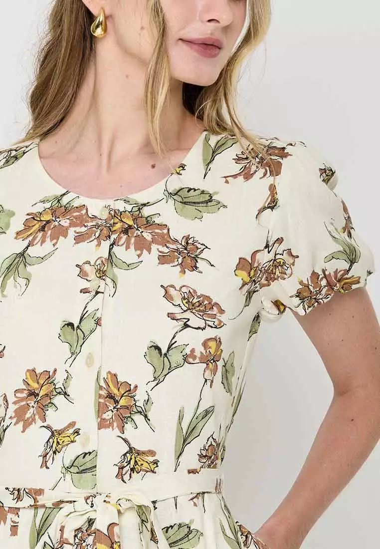 Lira Floral Print Pleated Short-Sleeve Dress