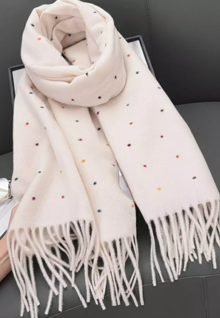 Aksesoris Wanita Polka Dots Cashmere Pashmina Syal Wanita Tebal Kasmir Milky White