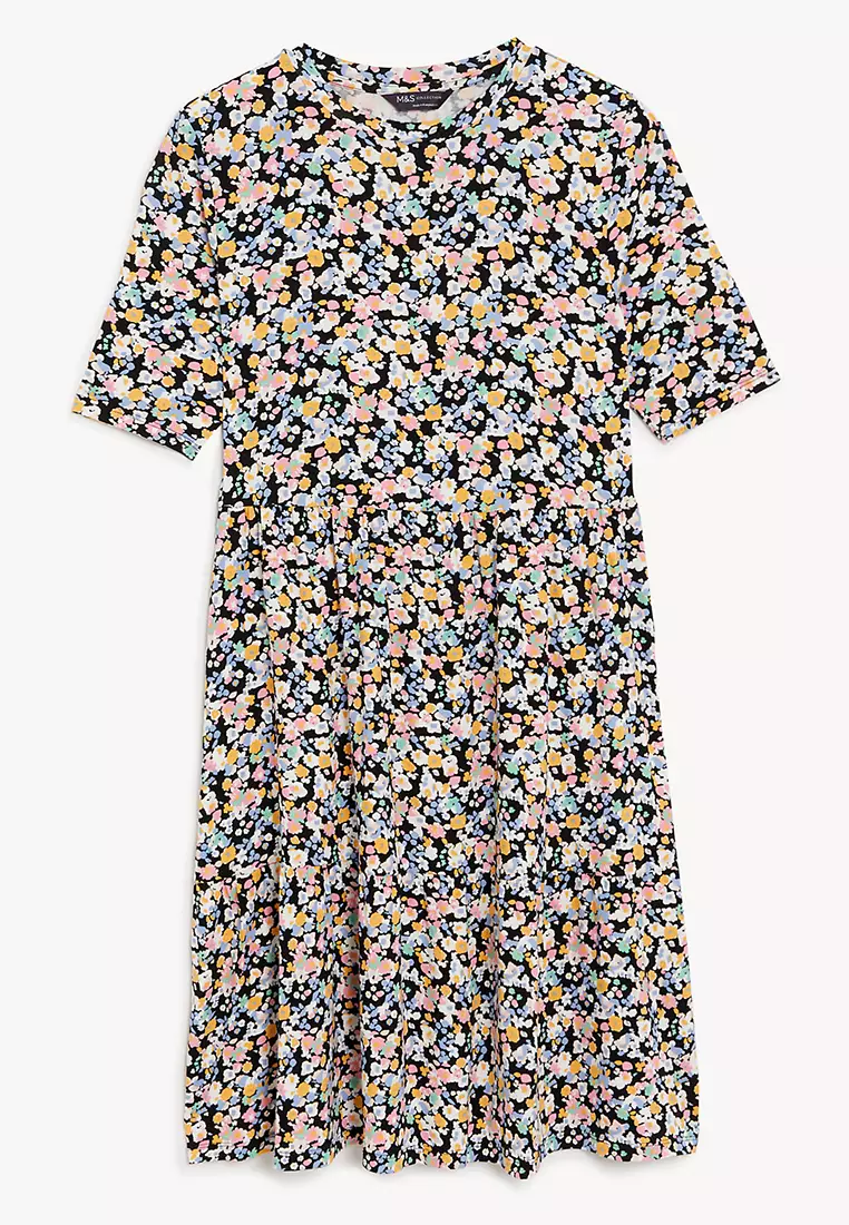 Jersey Printed Knee Length Tiered Dress