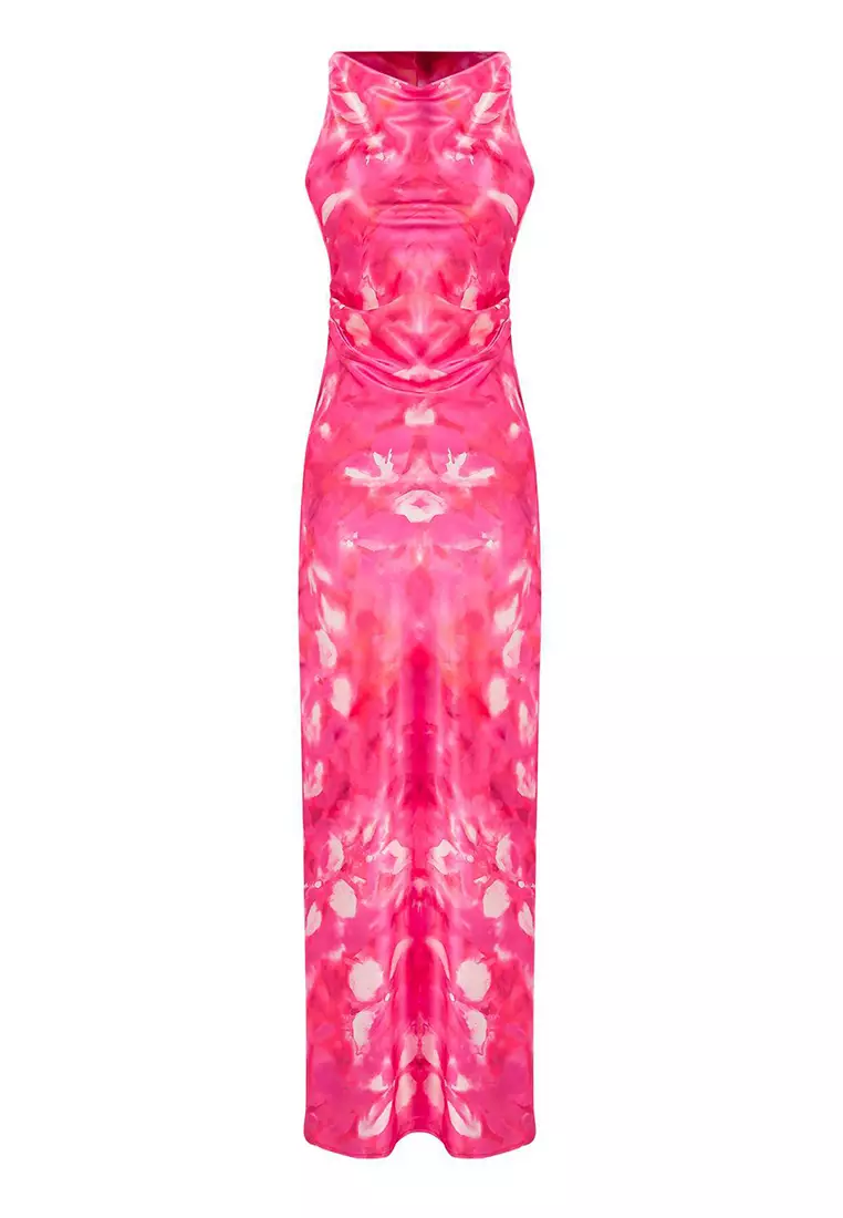 Multi-Colored Fitted Satin Woven Maxi Evening Prom Dress